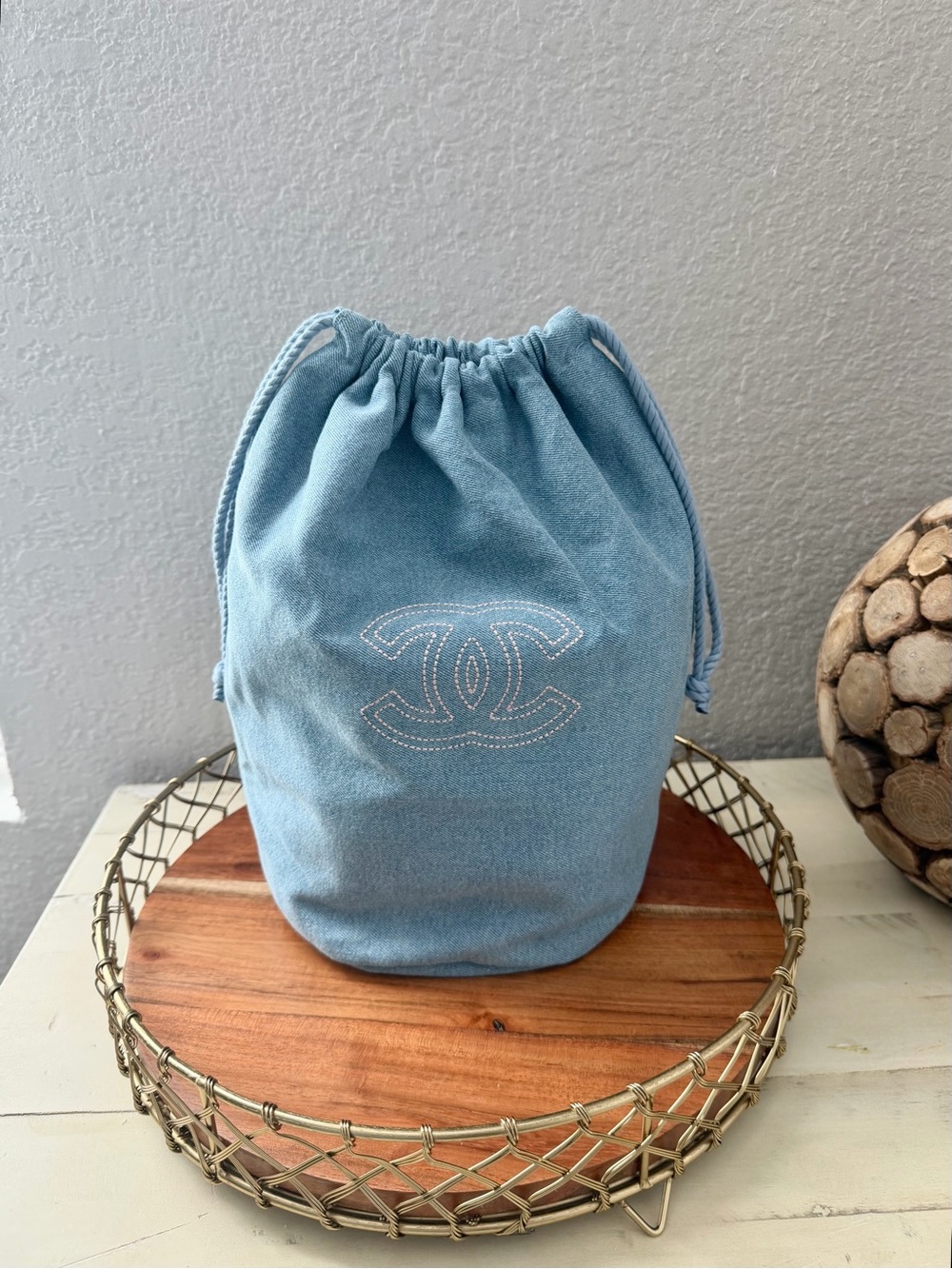 CHANEL Light Blue Denim Drawstring Mini Makeup Bag